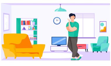 Genç adam oturma odasında oturuyor. Sandalyesi, penceresi, kitaplığı evde. Düz biçim vektörü