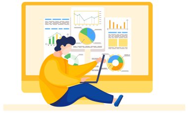 Finansal istatistikleri inceleyen bir adam. Dizlerinin üstünde dizüstü bilgisayarı olan adam.