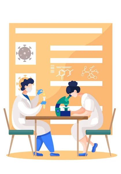 Travailleurs médicaux au labo. Les personnes en manteau blanc et masques travaillent avec un microscope et une éprouvette — Image vectorielle