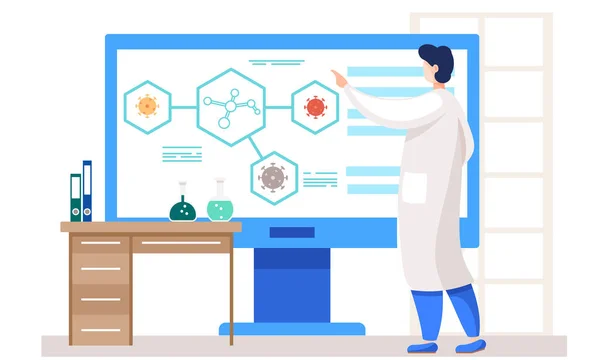 研究室の医療従事者が発明を説明する。白いコートの男仕事とともにAテストチューブ — ストックベクタ
