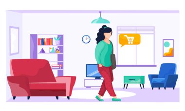 Çantalı genç bir kadın bir odada ya da koridorda yürüyor sandalyeli, pencereli, kitaplıklı düz vektörlü.