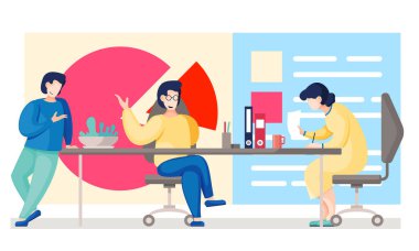 İşletme. Çalışanlar iş yerleriyle iletişim kurar. İş arkadaşları iş sırasında tartışır