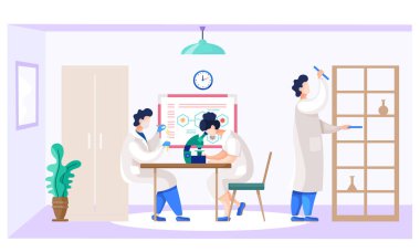 Kadın bilim adamı mikroskoptan bakıyor. Adam pipetten mataraya damlıyor. Sopa tutan adam