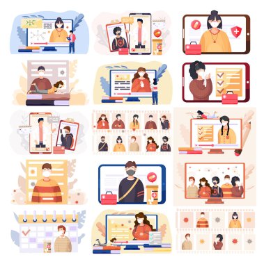 Yüz maskeli insanlar, virüs sahnelerinin yayılmasını önlemek için akıllı telefonla doktorla iletişim kuruyor.