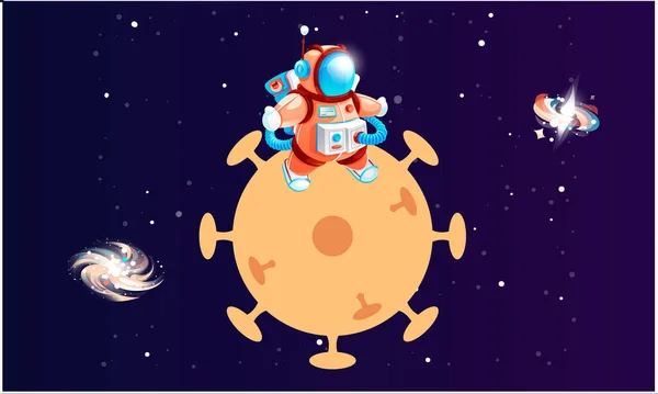 Astronauta de dibujos animados en el planeta en forma de virus. Cosmonauta en el espacio exterior con cometa — Archivo Imágenes Vectoriales
