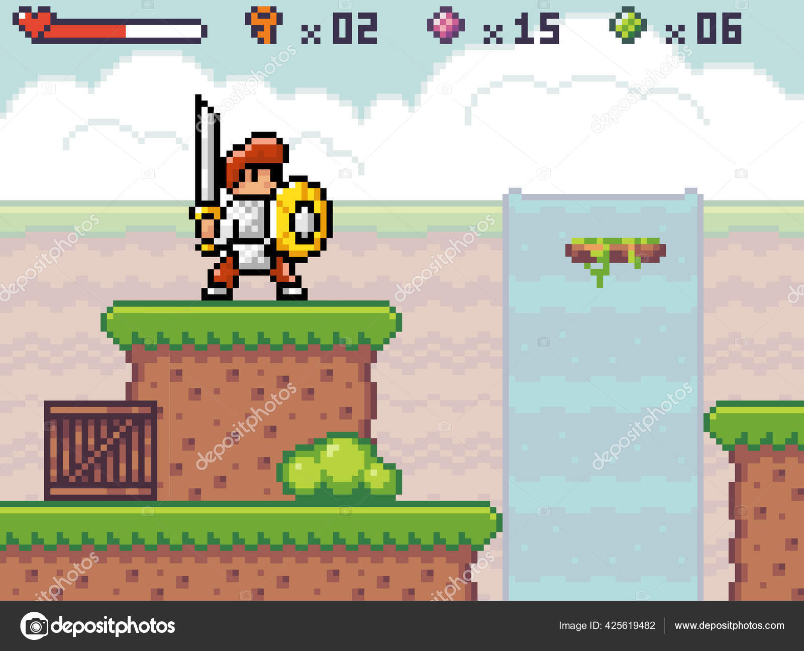 Vetores de Personagem De Cavaleiro De Jogo Pixel Paisagem Natural