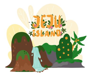 Güney Kore adası Jeju 'nun ana cazibesinin ve yazıtların olduğu pankart.