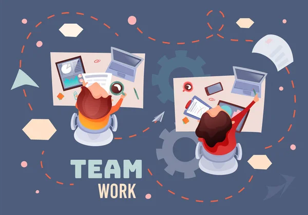 Ilustração de Topview, pessoas que trabalham no escritório à mesa, usando gadgets, laptop, conceito de trabalho em equipe — Vetor de Stock