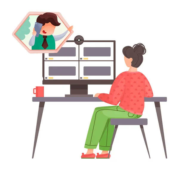 Mujer trabajadora hablando a través de videocall sentado en la mesa, videoconferencia en el ordenador usando webcam — Archivo Imágenes Vectoriales