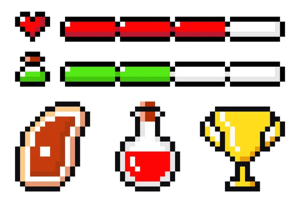 Set von Pixelsymbolen, Elementen für Pixel-Handyspiel, Videospiel, 80er-Jahre-Stil, 8bit-Objekte, Symbole — Stockvektor