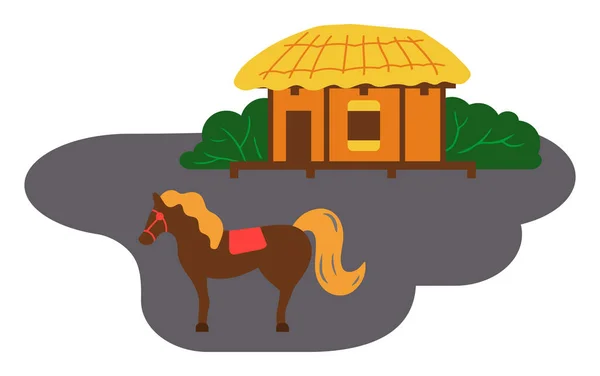 Village asiatique ancienne maison vectorielle art et illustration. Maison rurale au toit de chaume près du cheval — Image vectorielle
