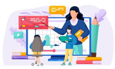 Videolu bir monitör. Geometri vektör illüstrasyonunu öğreniyor. Çevrimiçi matematik dersi. İnsanlar serbest çalışıyor.