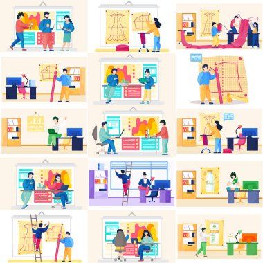 Ofis çalışanları iş yerinde vakit geçirirler. Moda tasarımcıları model oluşturuyor. Ofis çalışanları iş günü