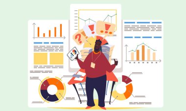 Proje yönetimi ve mali rapor stratejisi. Erkek ofis çalışanı talebi grafiklerle analiz eder