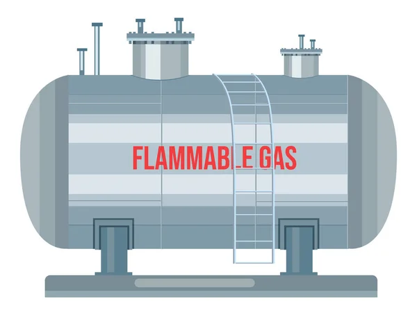 Bensinstation med stege, brandfarlig gastext, lagringstank för att spara gas, farlig, under tryck — Stock vektor