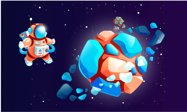 Astronauta de dibujos animados en el planeta ilustración vectorial cósmica. Cosmonauta en el espacio exterior con meteorito — Vector de stock