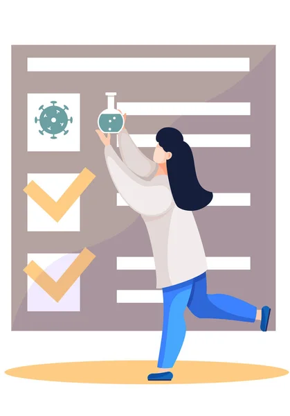 Scientist in laboratory. Woman in white coat, medical worker or chemical researcher with flask — Stock Vector