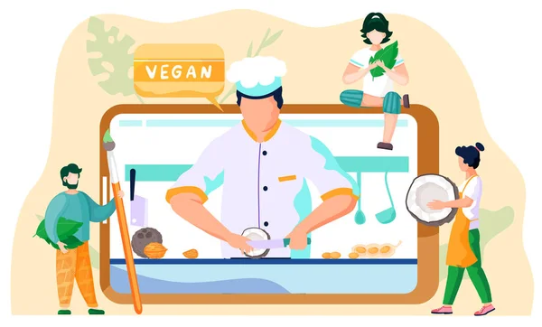 Online culinary video on tablet screen. People watching lessons on cooking. Making vegan milk — Stock Vector