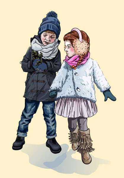 Children are walking outside in winter. The boy shows girl a tree branch. Walk in warm clothes — Stock Vector