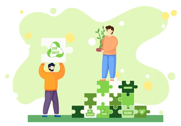 Zero Waste Lifestylekonzept. Illustration mit Menschen und Zero-Waste-Elementen in Form eines Puzzles — Stockvektor