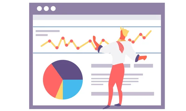 Человек готовится представить отчет о ходе работ. Персонаж стоит рядом с диаграммой со статистическими данными — стоковый вектор