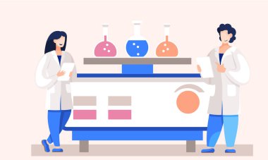 Laboratuvardaki bilim adamları. Beyaz önlüklü insanlar, tıbbi çalışanlar ya da test yapan kimyasal araştırmacılar.