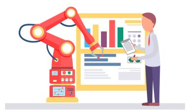 Erkek bilim adamı ve mekanik kol. Yapay zeka. Bir adam deftere veri yazar.