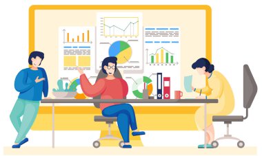 Takım çalışması konsepti. Ofis çalışanları iletişim kurar, iş raporlarını grafikler ve grafiklerle tartışır.