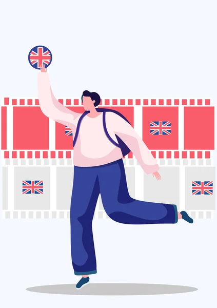 Engelska språkkurser. Illustration med en kvinna som håller i Storbritanniens flagga och springer — Stock vektor