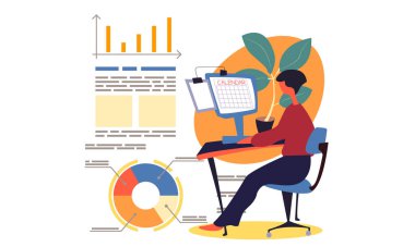 İş kadını bir program yapar veya istatistiksel çizelgeler ve metinlerle yıllık bir rapor hazırlar