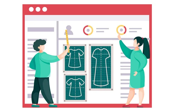 Planificación futura de telas. Patrón de ropa para sastrería personalizada. El equipo mide los parámetros — Archivo Imágenes Vectoriales