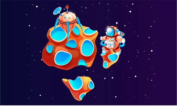 Kreskówkowy astronauta na planecie kosmiczny wektor ilustracji. Kosmonauta w kosmosie z meteorytem — Wektor stockowy
