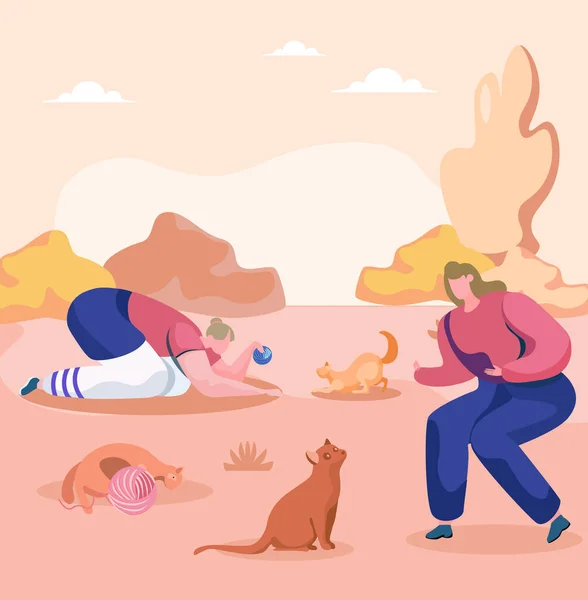 Duas mulheres estão brincando com seus animais de estimação. Gatos e seus proprietários na ilustração vetorial do parque —  Vetores de Stock