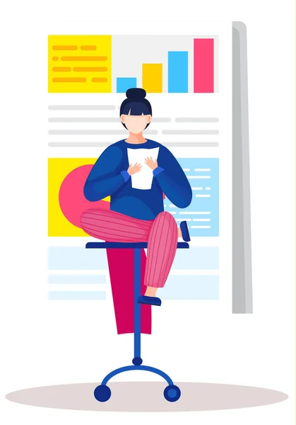 Linda mujer de negocios analizando datos en su papel. Mujer sentada en la oficina y leyendo de una sábana — Archivo Imágenes Vectoriales