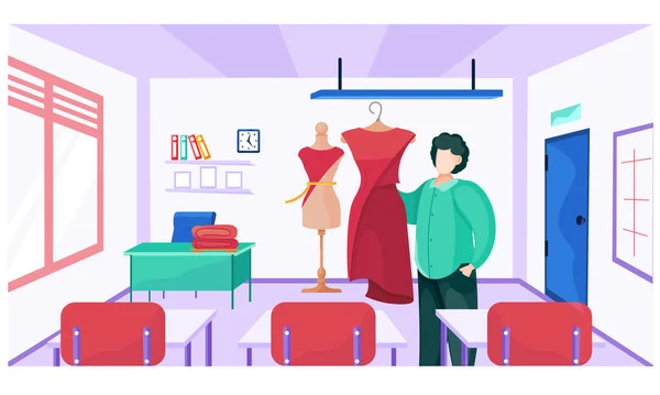 Clase de costura. El hombre muestra a los alumnos el patrón del vestido futuro en el maniquí. Escuela de costureras — Vector de stock