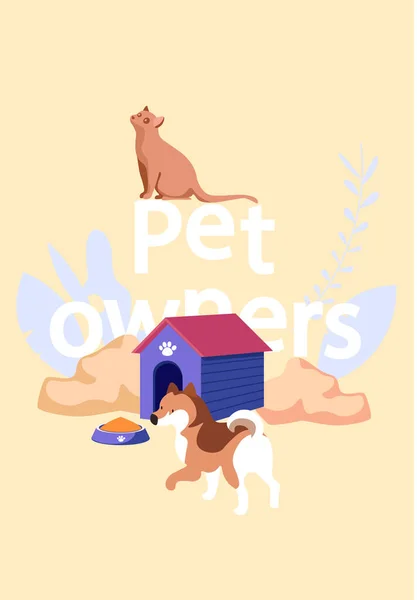 Gato bonito e cão perto da casota com proprietários de animais de estimação lettering ilustração vetorial em cores pastel — Vetor de Stock