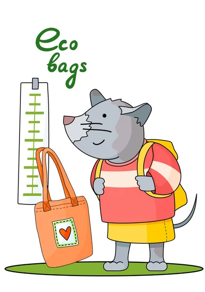 Eco concepto de bolsas. Salvar el mundo, proteger a los animales. Dibujos animados ratón proteger el medio ambiente ilustración — Archivo Imágenes Vectoriales
