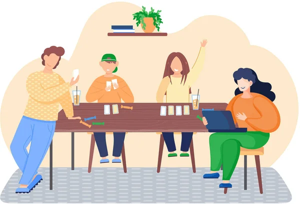 Ευτυχισμένη οικογένεια μητέρα, πατέρας, γιος και κόρη κάθονται στο τραπέζι και παίζουν χαρτιά ή επιτραπέζιο παιχνίδι — Διανυσματικό Αρχείο