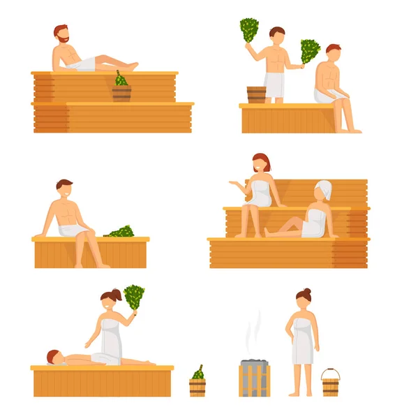 Procedimentos de sauna e spa isolados. Pessoas em Banya. Relaxamento cuidados corporais e terapia — Vetor de Stock