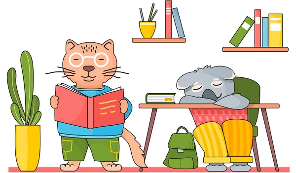 Smart active pupil or teacher cat reading a book. Koala schoolboy is sitting and sleeping at a desk — Stock Vector