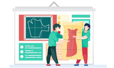 Stüdyoda elbise desenleriyle çalışan tasarımcılar. Nakış siparişi verin. Elbise modeli çiziyorum.