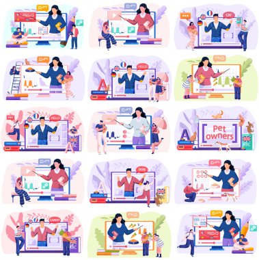 Çevrimiçi eğitim e-öğrenim bilim konsepti, uzaktan eğitim alan öğrencilerle hazırlanmış sahneler