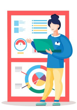 Kadın arka planda grafikler ve çizelgeler ile analiz ediyor. Bilgisayarında çalışan dizüstü bilgisayarı olan kız