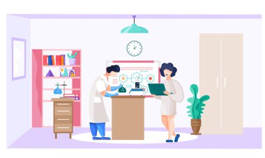 Laboratuvarda bir bilim adamı virüs için bir tedavi üzerinde çalışıyor. Kız bilgisayarda çalışıyor.