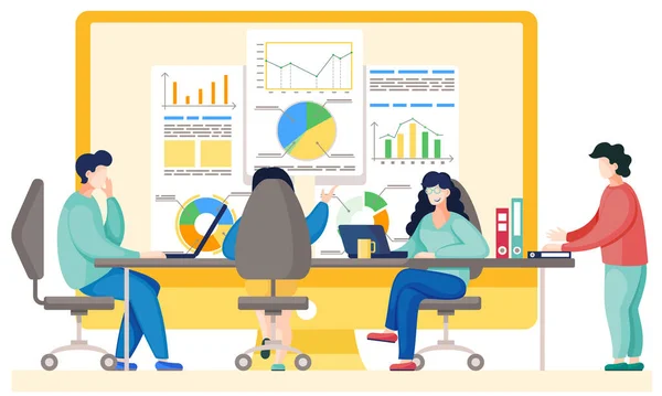 Teamwork-Konzept Büroangestellte kommunizieren, diskutieren Geschäftsbericht mit Diagrammen und Grafiken — Stockvektor