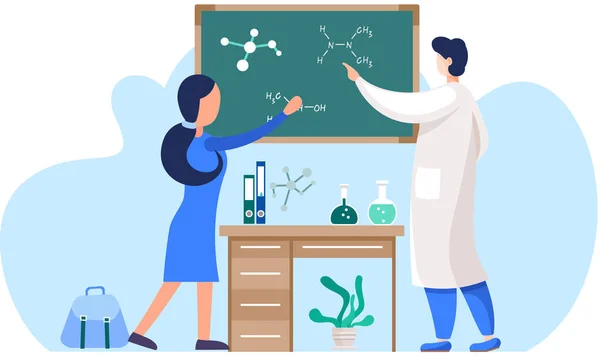 Aula de química numa sala de aula. Os cientistas escrevem fórmulas no quadro negro. Menina ajuda o professor — Vetor de Stock