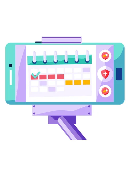 Ícone de calendário, agenda, aplicativo de planejamento na tela do smartphone. vara selfie detém smartphone —  Vetores de Stock