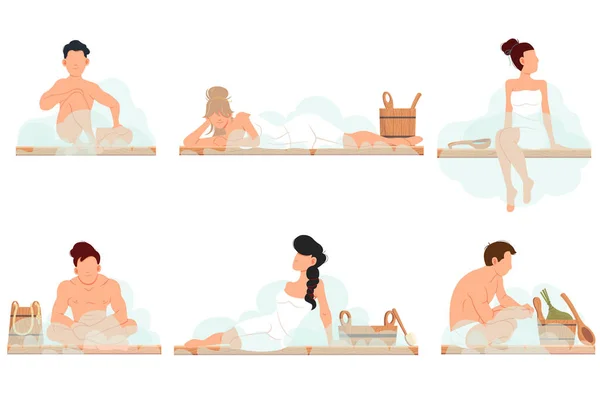 Bad, sauna en spa vol stoomprocedures. Mensen in Banya. Ontspanning lichaamsverzorging en therapie, wellness — Stockvector