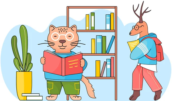 Il gatto intelligente in occhiali con un libro in mano sta leggendo a una lezione. Cervo con uno zaino entra in classe — Vettoriale Stock