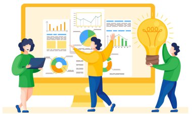 Finansal istatistikleri analiz eden insanlar. Çalışanlar iletişim kuruyor. Elinde ampul tutan bir adam